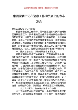 集团党委书记在巡察工作动员会上的表态发言