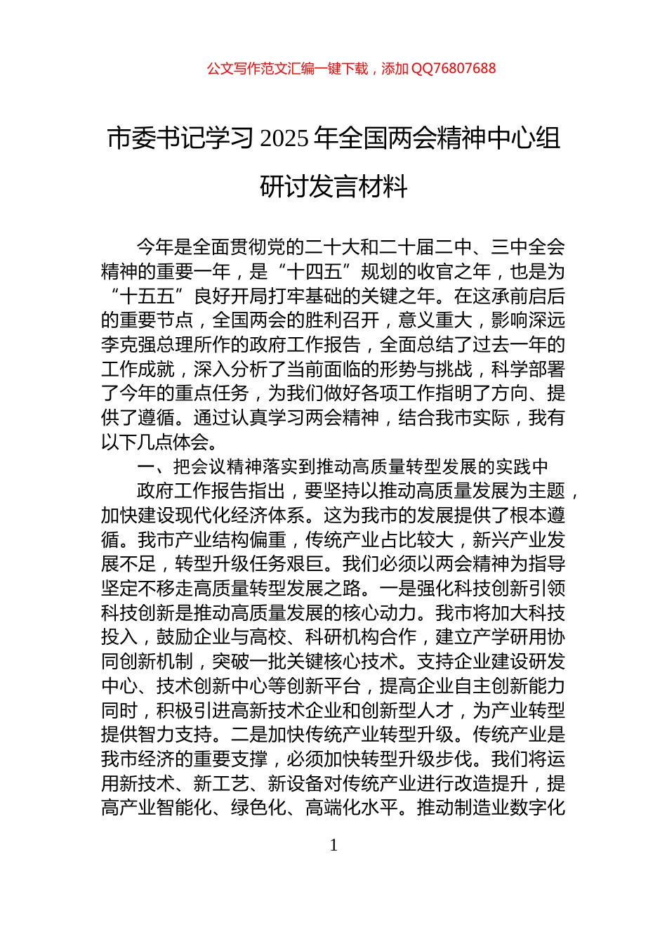 市委书记学习2025年全国两会精神中心组研讨发言材料_第1页
