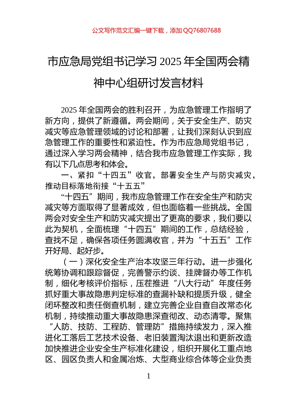 市应急局党组书记学习2025年全国两会精神中心组研讨发言材料_第1页