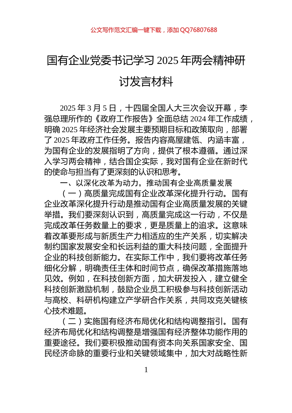 国有企业党委书记学习2025年两会精神研讨发言材料_第1页