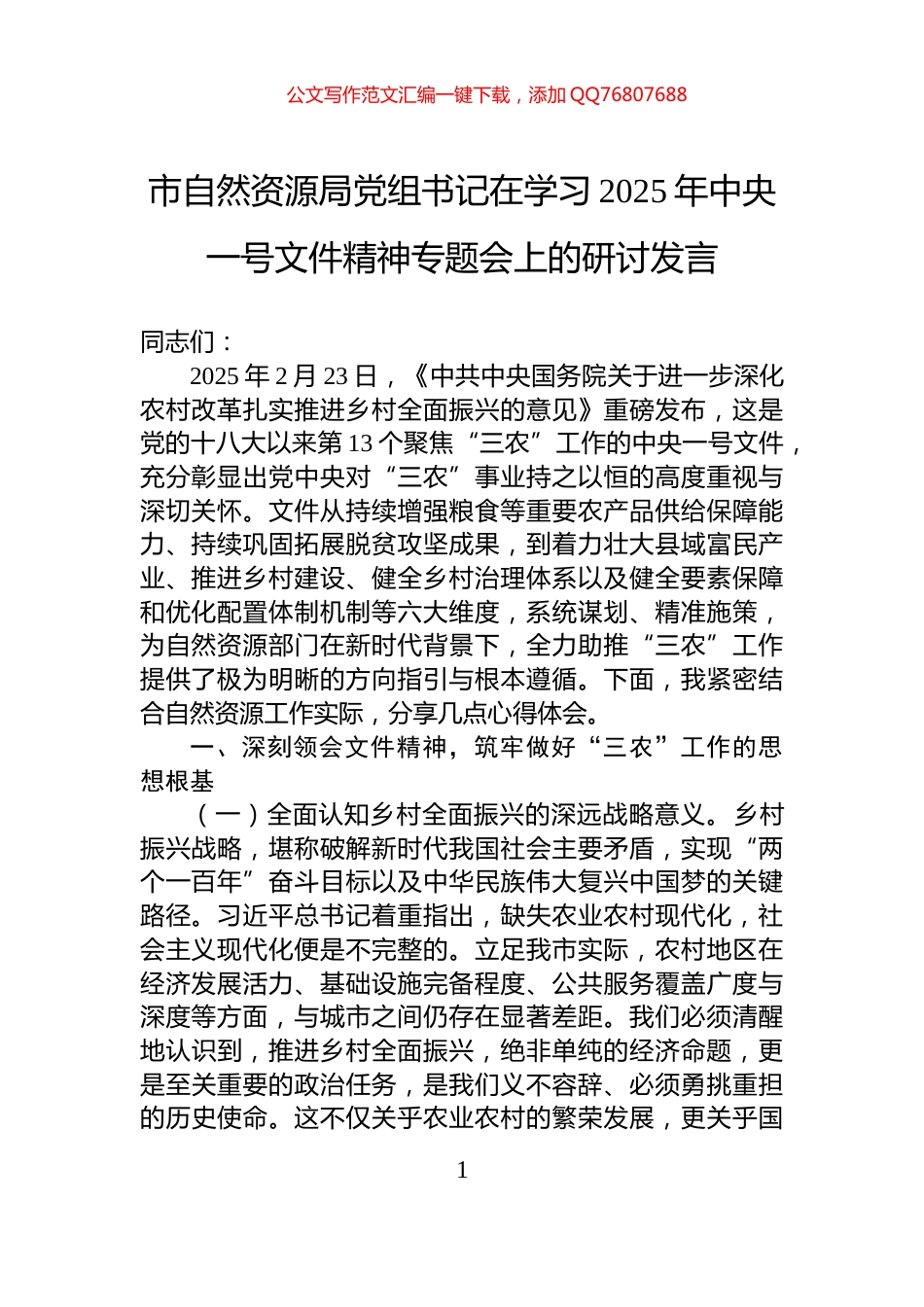 市自然资源局党组书记在学习2025年中央一号文件精神专题会上的研讨发言_第1页