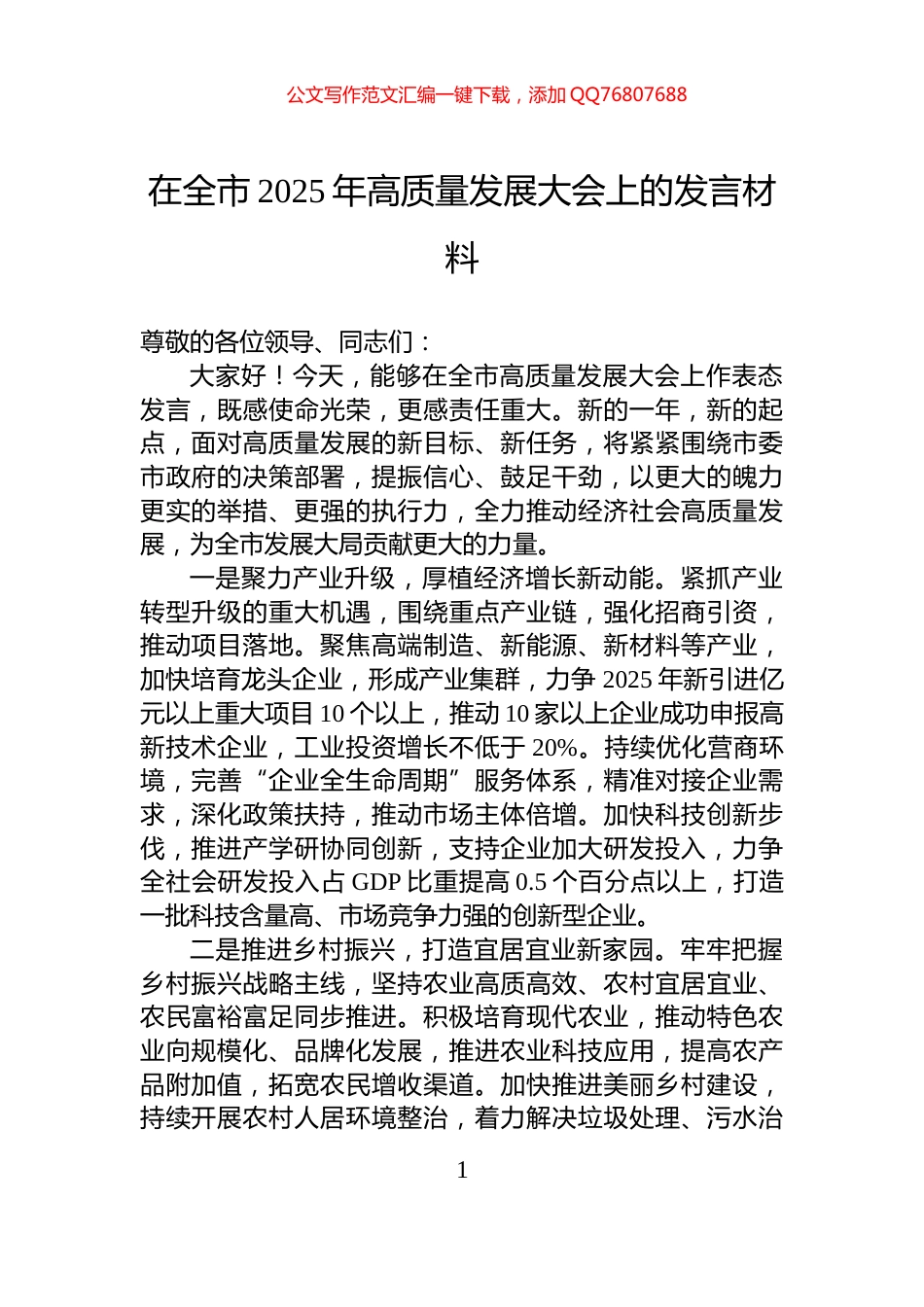 在全市2025年高质量发展大会上的发言材料_第1页
