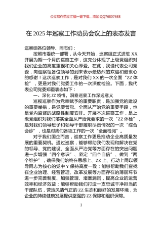 在2025年巡察工作动员会议上的表态发言
