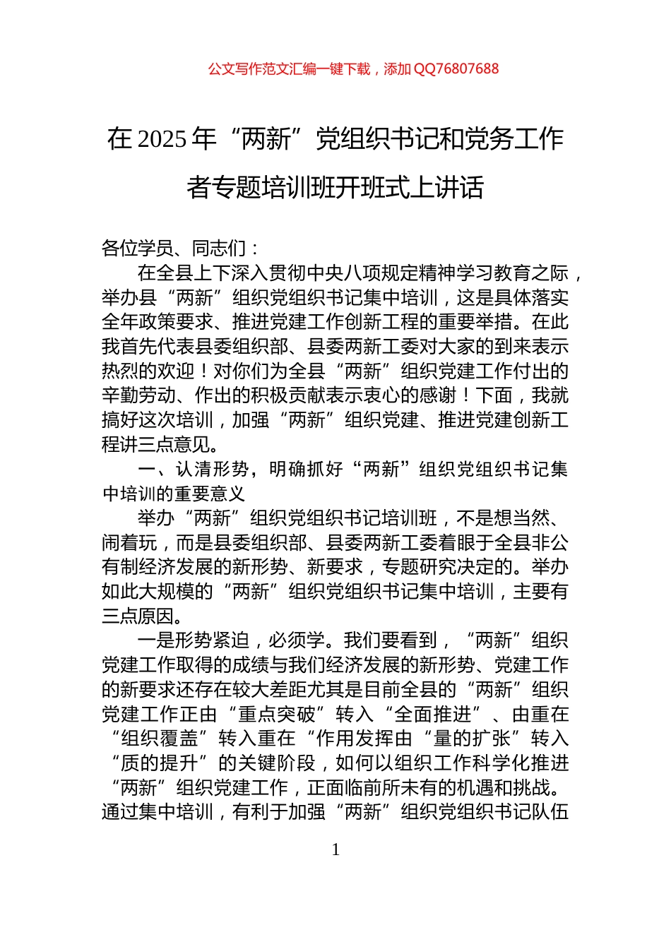 在2025年“两新”党组织书记和党务工作者专题培训班开班式上讲话_第1页