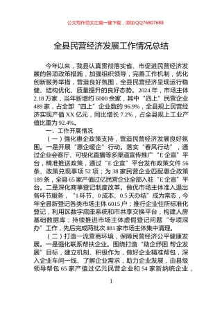 全县民营经济发展工作情况总结