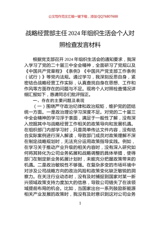 战略经营部主任2024年组织生活会个人对照检查发言材料