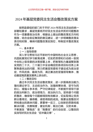 2024年基层党委民主生活会整改落实方案