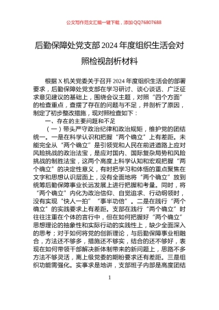 后勤保障处党支部2024年度组织生活会对照检视剖析材料