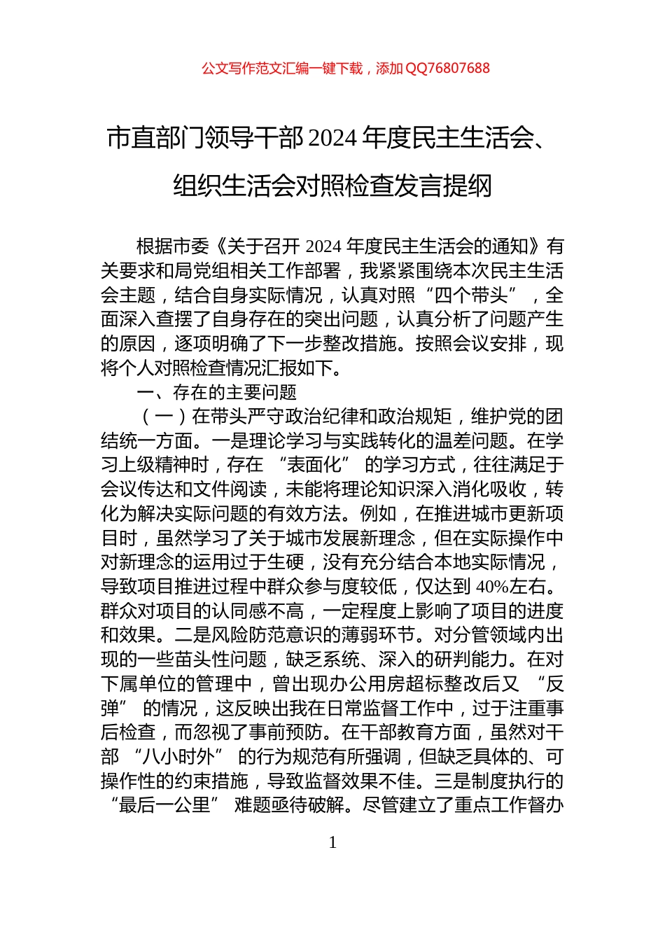 市直部门领导干部2024年度民主生活会、组织生活会对照检查发言提纲_第1页