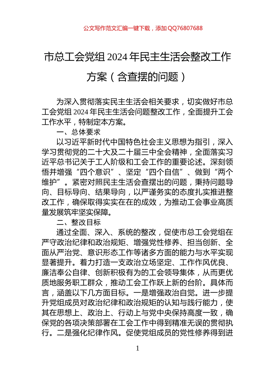 市总工会党组2024年民主生活会整改工作方案（含查摆的问题）_第1页