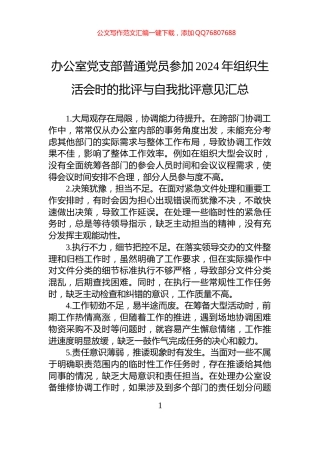 办公室党支部普通党员参加2024年组织生活会时的批评与自我批评意见汇总