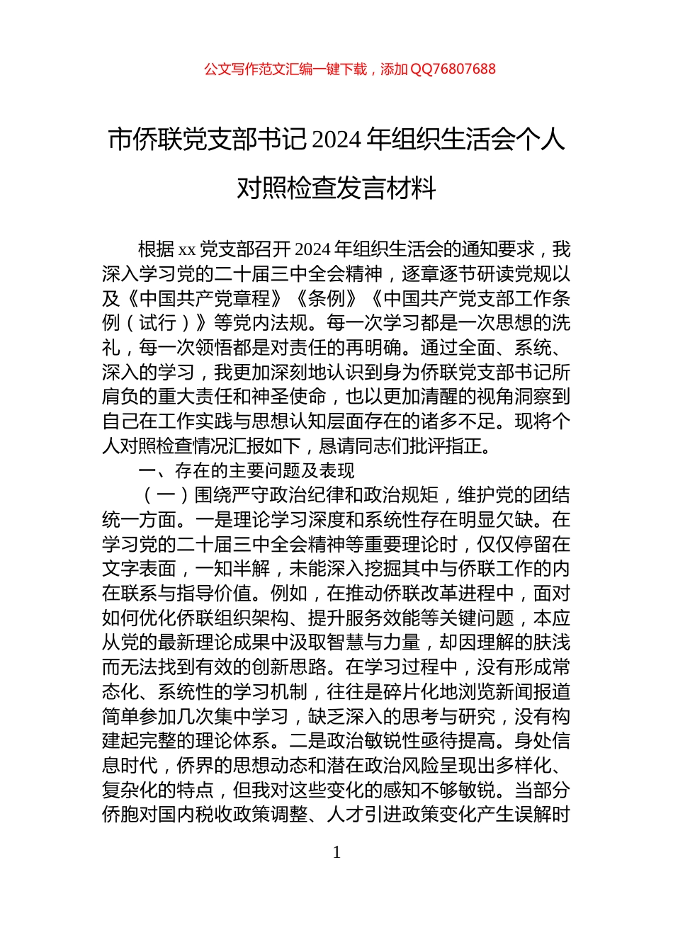 市侨联党支部书记2024年组织生活会个人对照检查发言材料_第1页