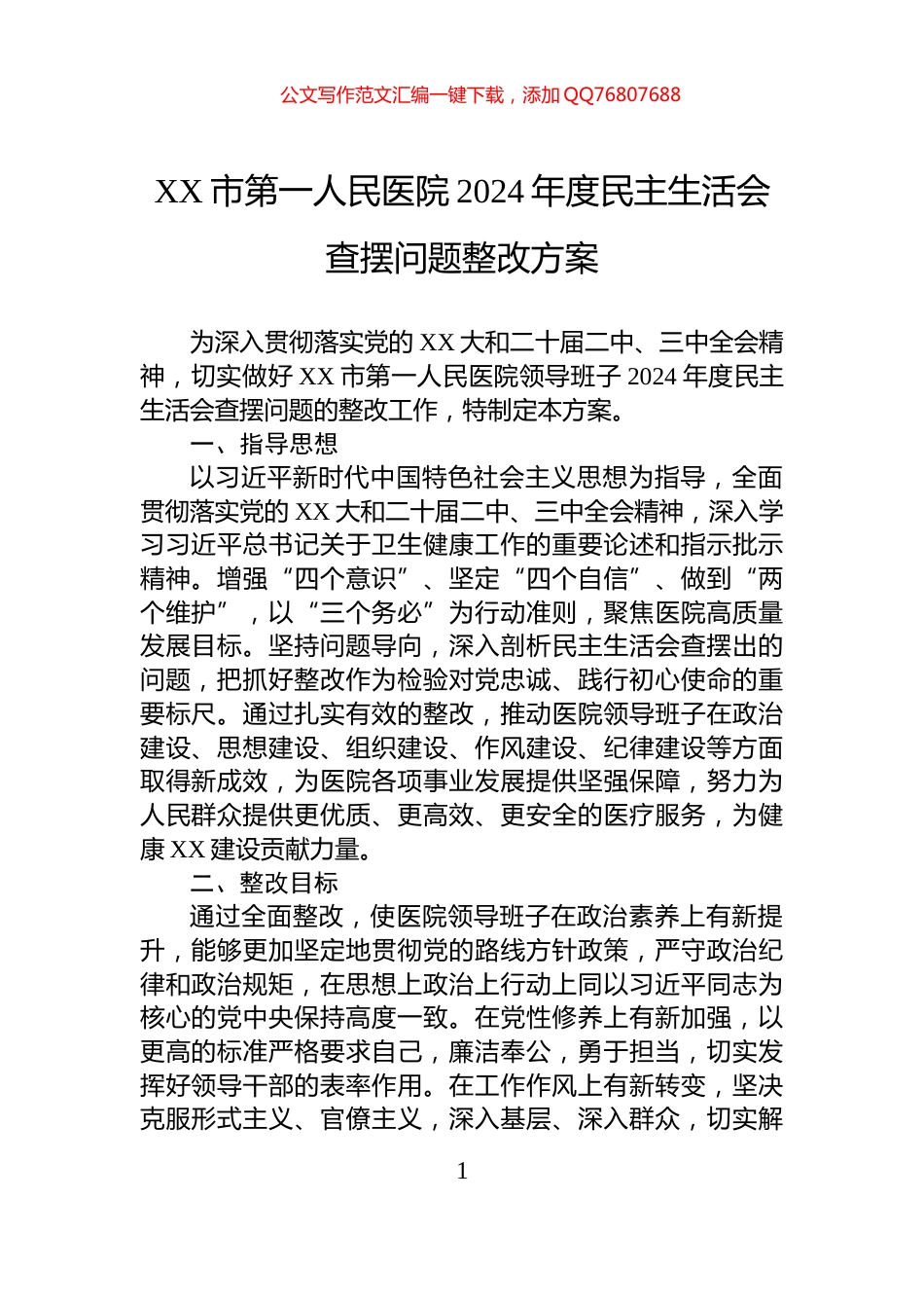 XX市第一人民医院2024年度民主生活会查摆问题整改方案_第1页