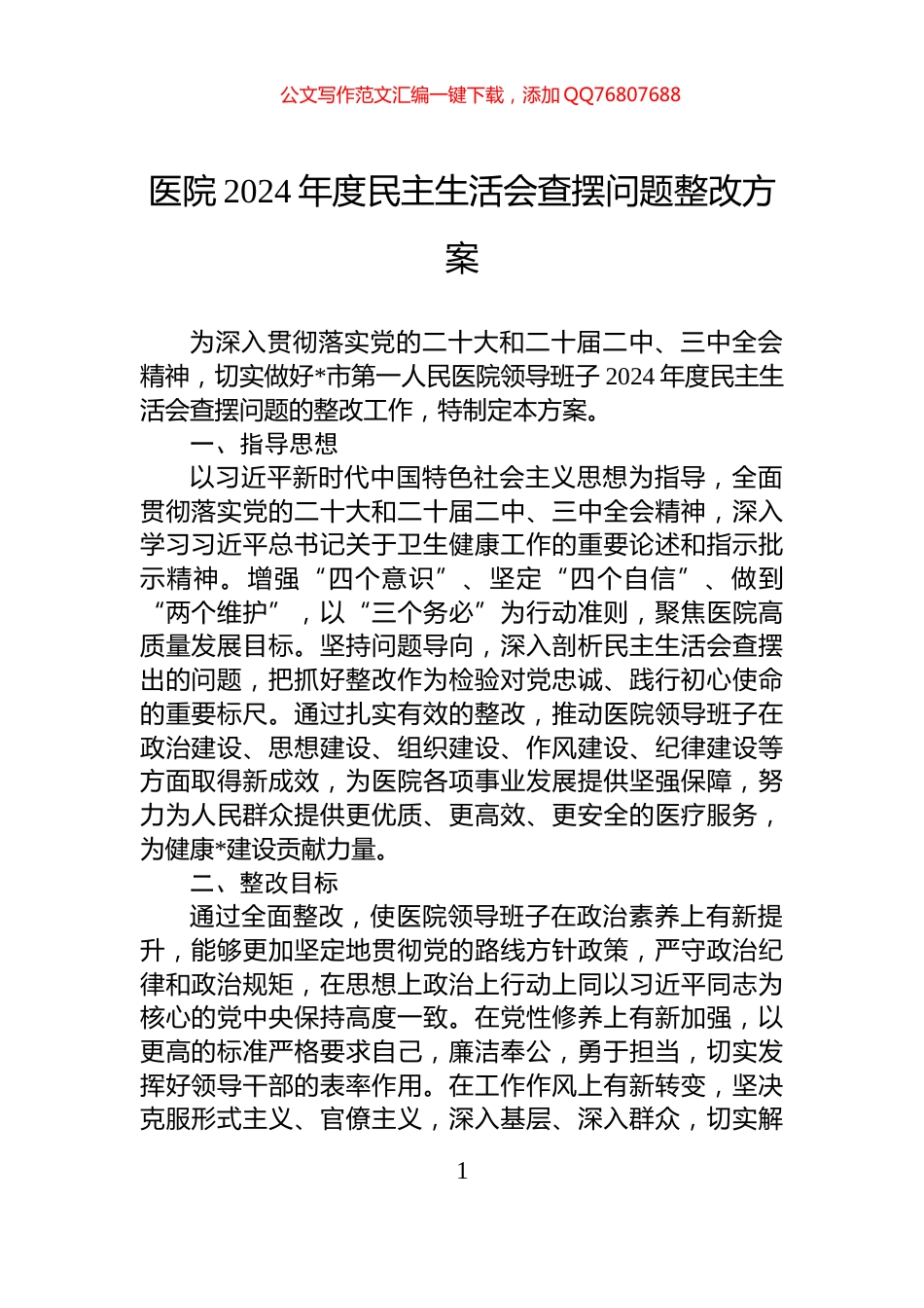 医院2024年度民主生活会查摆问题整改方案_第1页