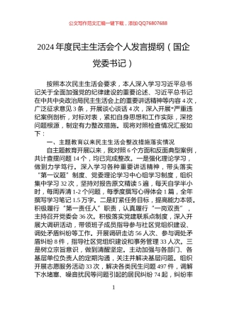 2024年度民主生活会个人发言提纲（国企党委书记）