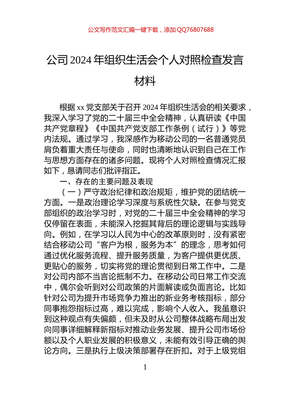 公司2024年组织生活会个人对照检查发言材料_第1页