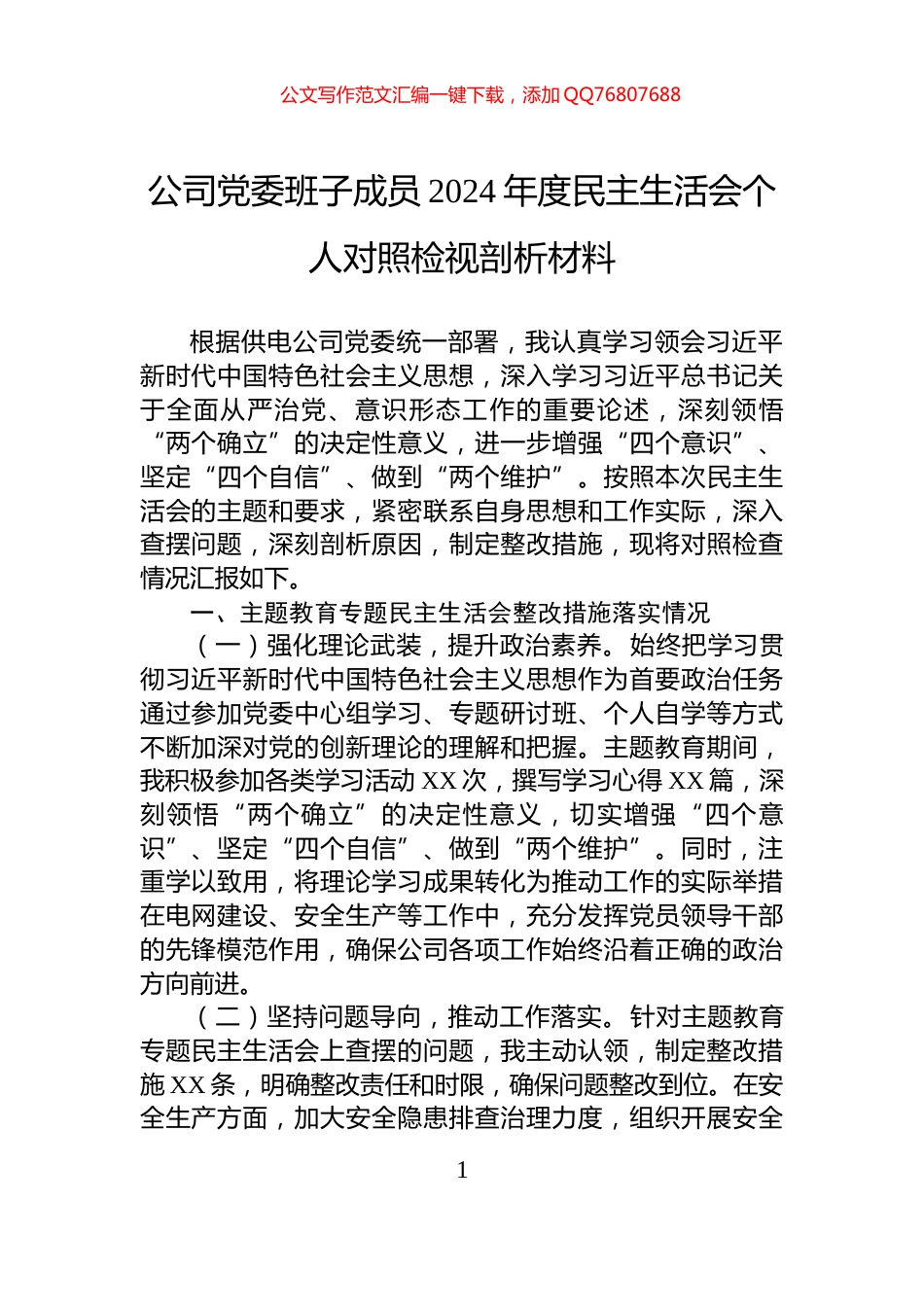 公司党委班子成员2024年度民主生活会个人对照检视剖析材料_第1页