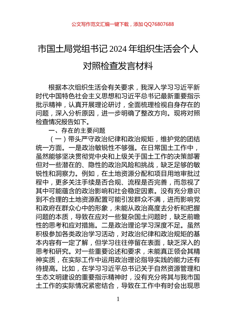 市国土局党组书记2024年组织生活会个人对照检查发言材料_第1页