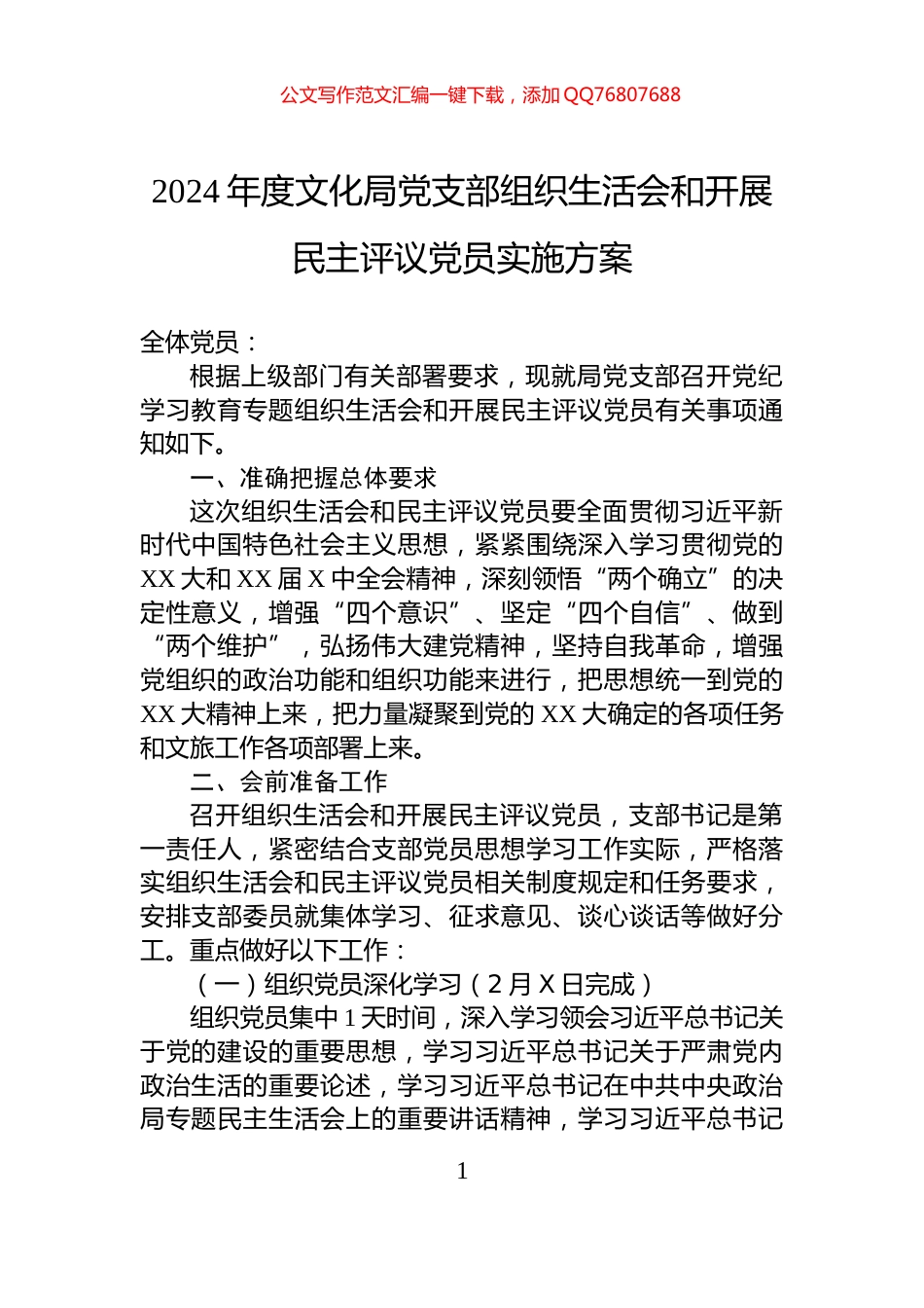 2024年度文化局党支部组织生活会和开展民主评议党员实施方案_第1页