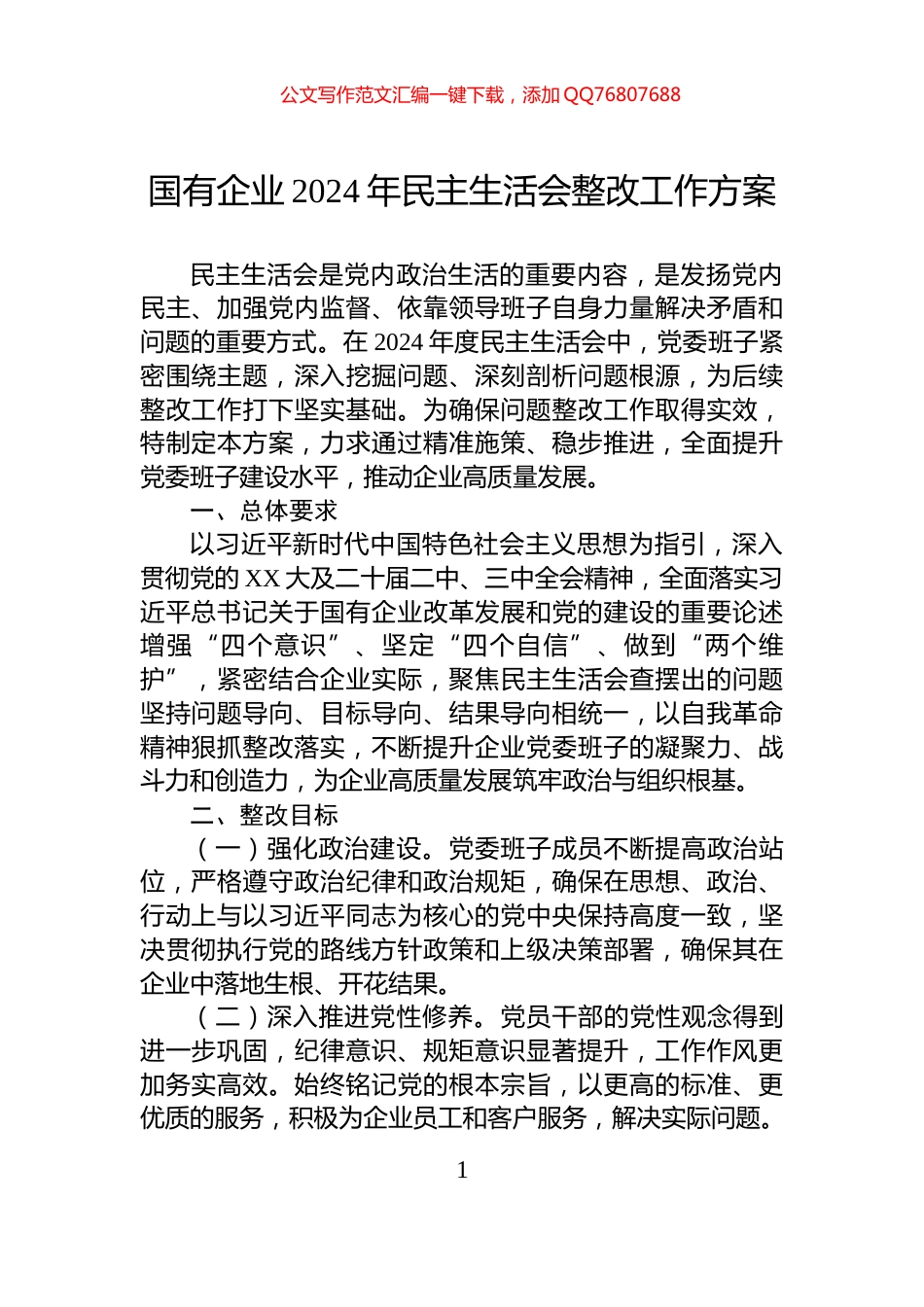 国有企业2024年民主生活会整改工作方案_第1页
