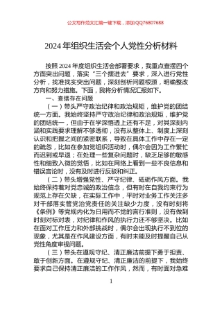 2024年组织生活会个人党性分析材料