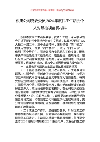 供电公司党委委员2024年度民主生活会个人对照检视剖析材料