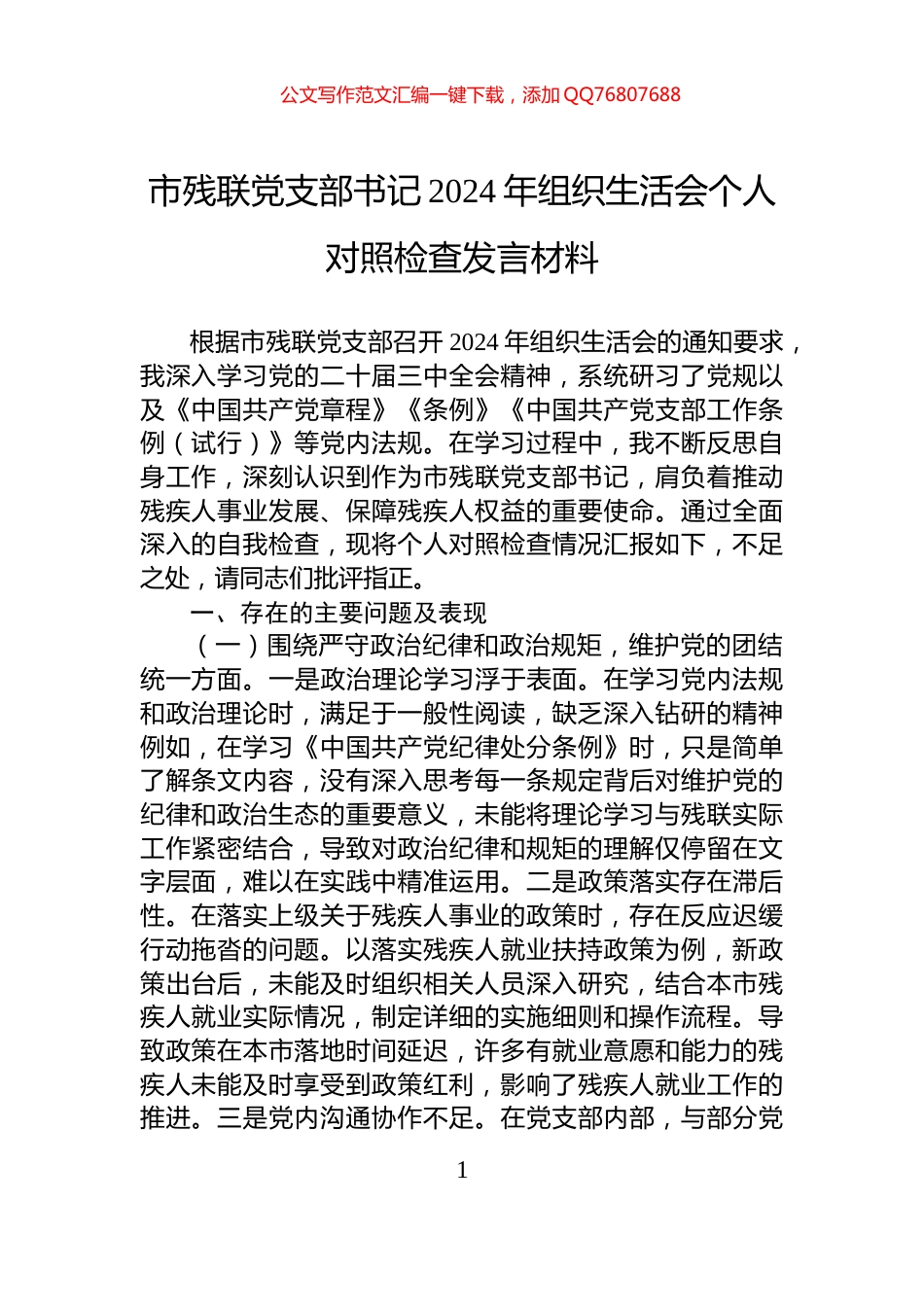 市残联党支部书记2024年组织生活会个人对照检查发言材料_第1页