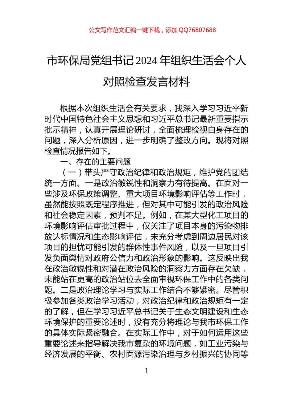 市环保局党组书记2024年组织生活会个人对照检查发言材料_第1页