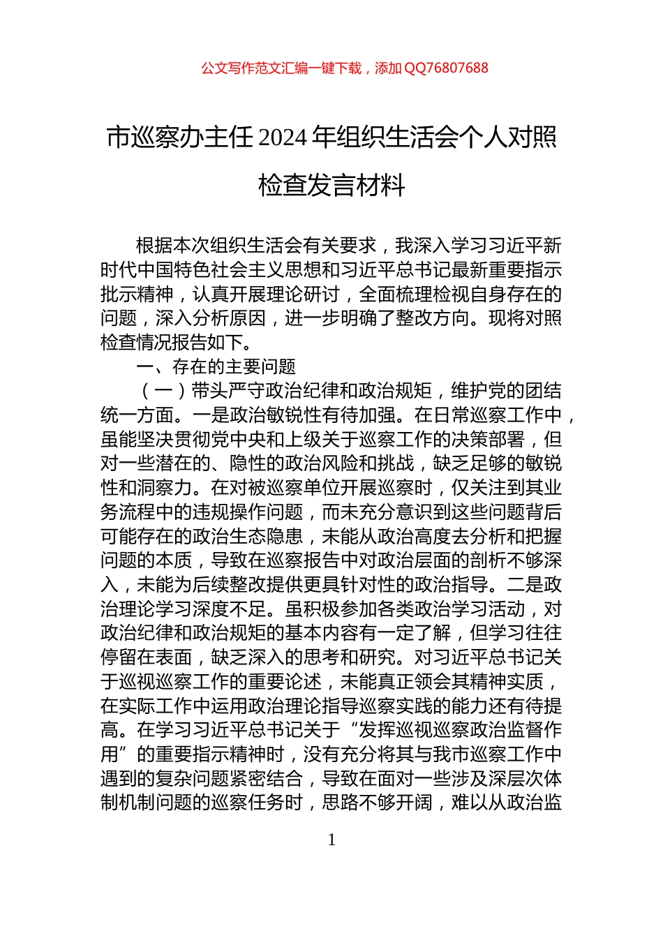 市巡察办主任2024年组织生活会个人对照检查发言材料_第1页