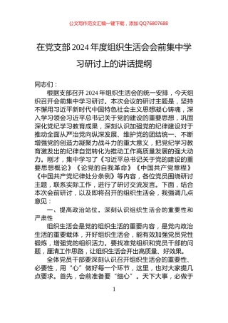 在党支部2024年度组织生活会会前集中学习研讨上的讲话提纲