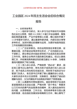 工业园区2024年民主生活会会后综合情况报告