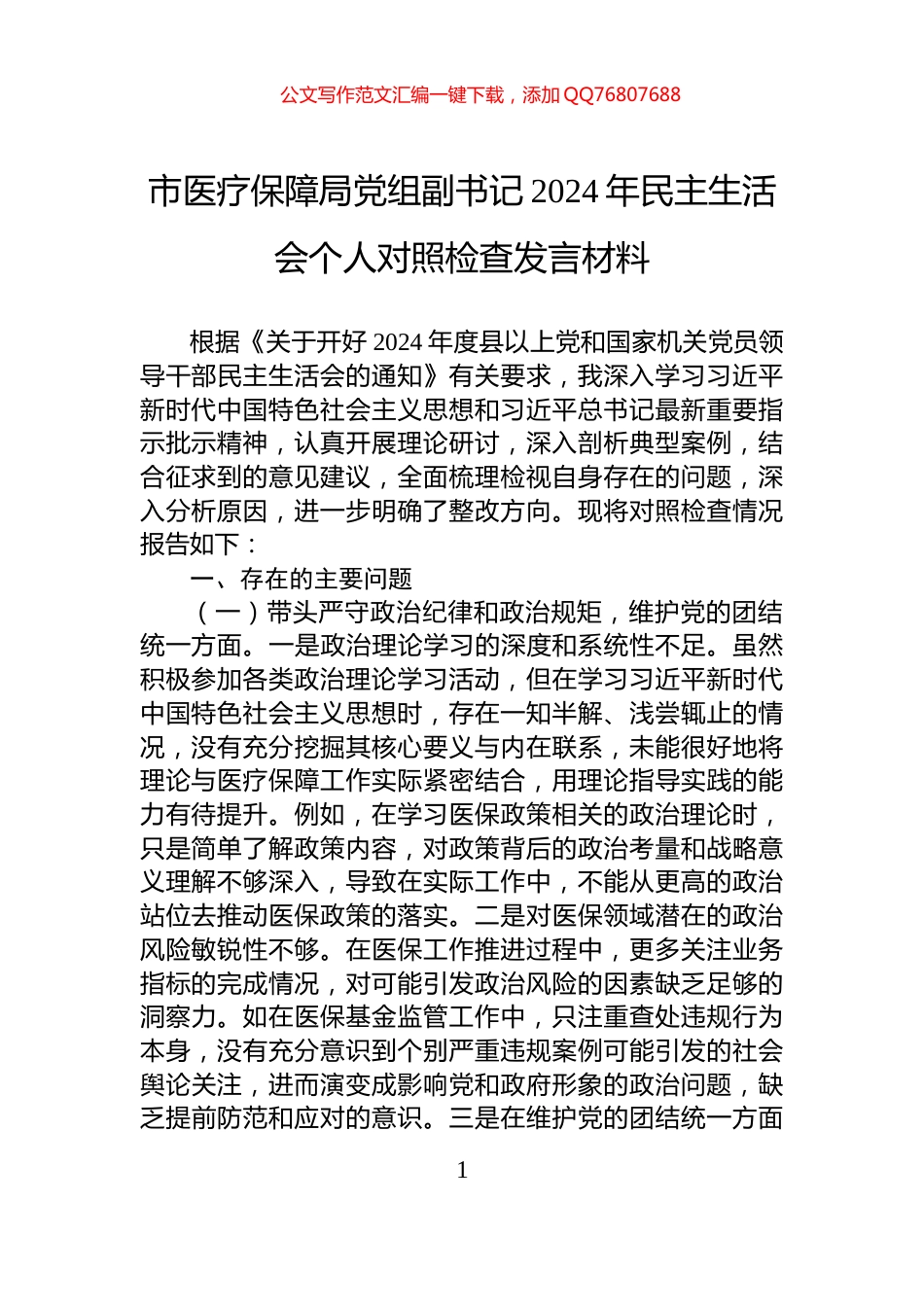 市医疗保障局党组副书记2024年民主生活会个人对照检查发言材料_第1页