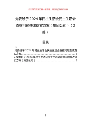 党委班子2024年民主生活会民主生活会查摆问题整改落实方案（集团公司）（2篇）