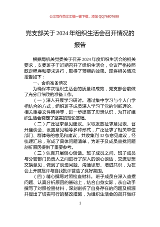 党支部关于2024年组织生活会召开情况的报告