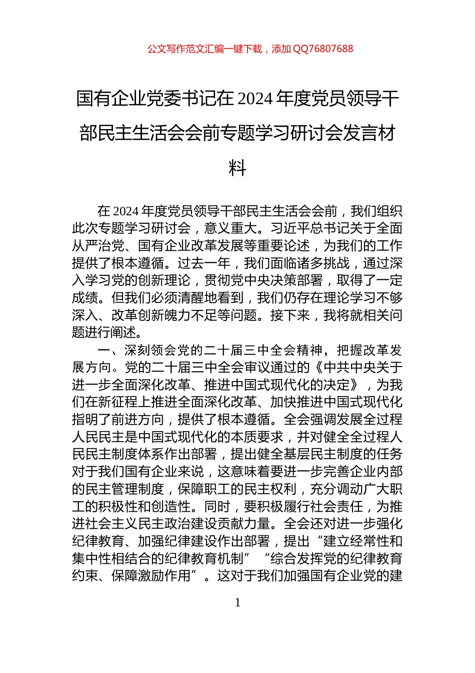 国有企业党委书记在2024年度党员领导干部民主生活会会前专题学习研讨会发言材料_第1页