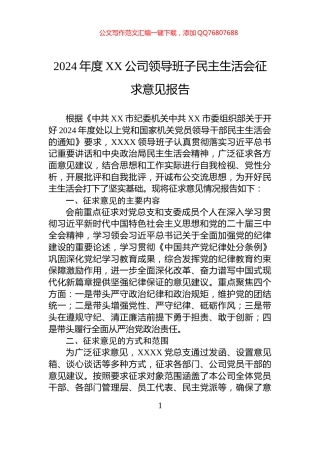 2024年度XX公司领导班子民主生活会征求意见报告