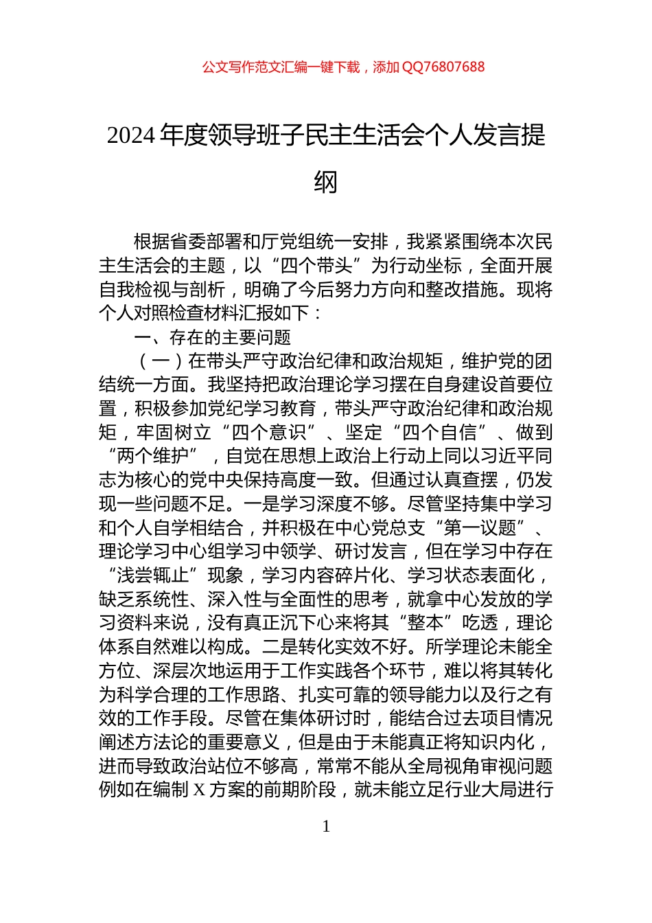 2024年度领导班子民主生活会个人发言提纲_第1页