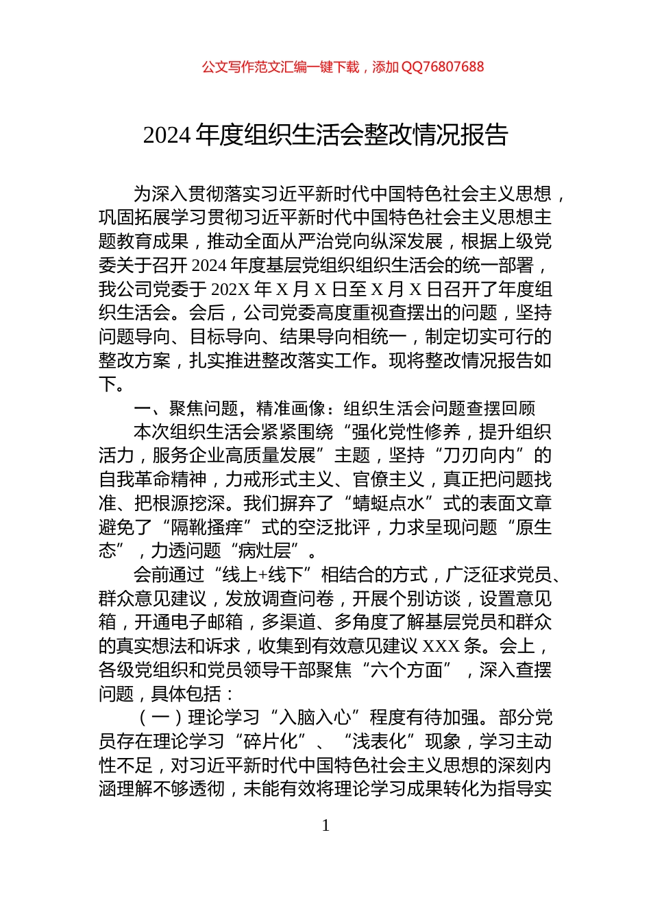 2024年度组织生活会整改情况报告_第1页
