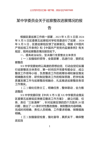 某中学委员会关于巡察整改进展情况的报告