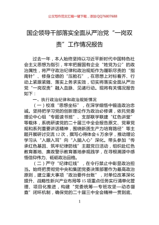 国企领导干部落实全面从严治党“一岗双责”工作情况报告