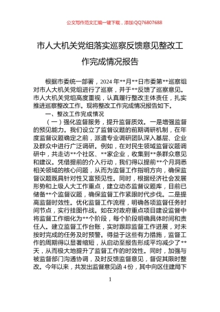 市人大机关党组落实巡察反馈意见整改工作完成情况报告
