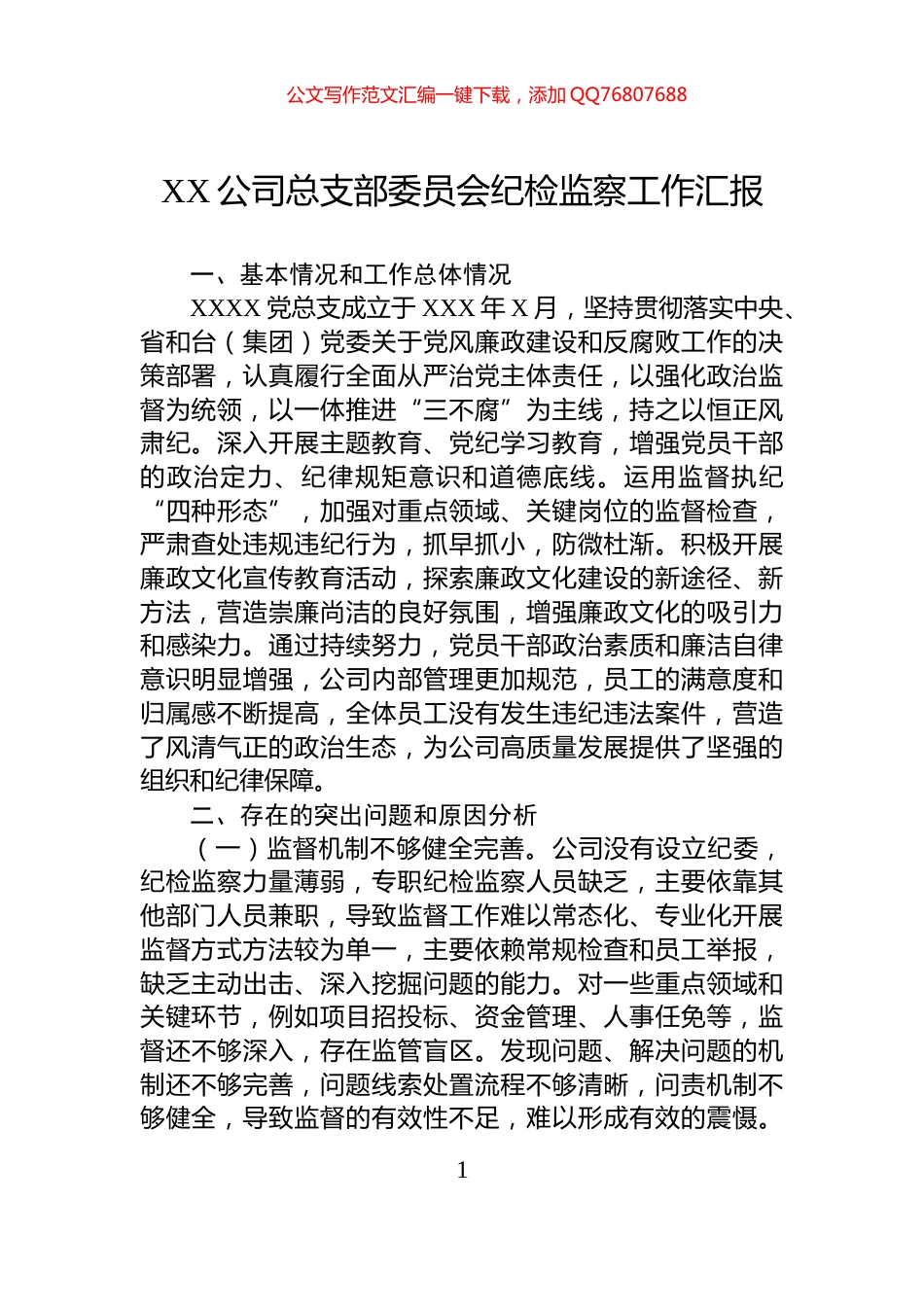 XX公司总支部委员会纪检监察工作汇报_第1页