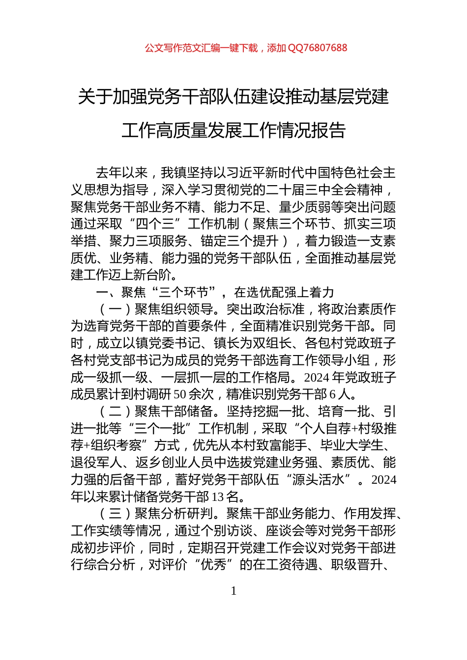 关于加强党务干部队伍建设推动基层党建工作高质量发展工作情况报告_第1页