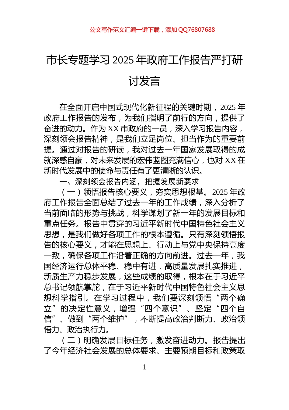 市长专题学习2025年政府工作报告严打研讨发言_第1页