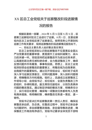 XX区总工会党组关于巡察整改阶段进展情况的报告
