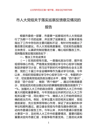 市人大党组关于落实巡察反馈意见情况的报告