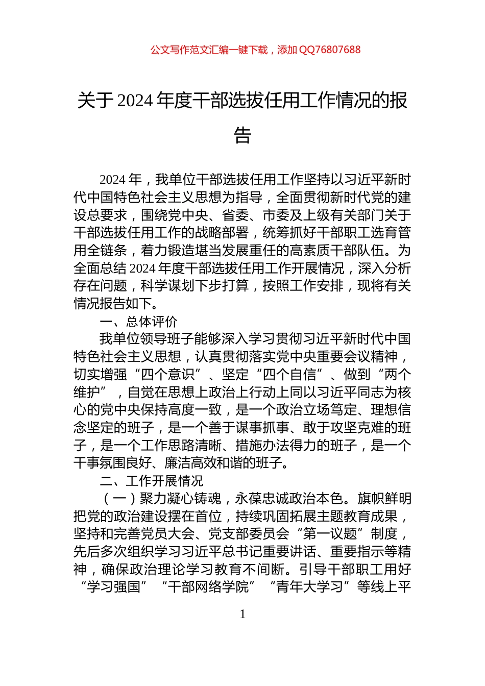 关于2024年度干部选拔任用工作情况的报告_第1页