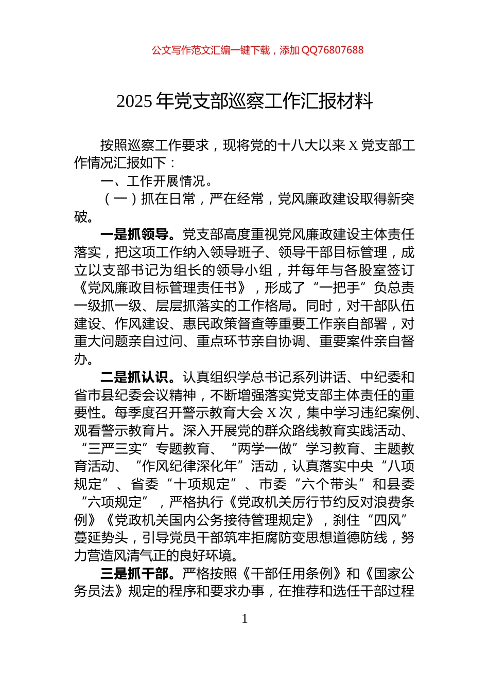 2025年党支部巡察工作汇报材料_第1页