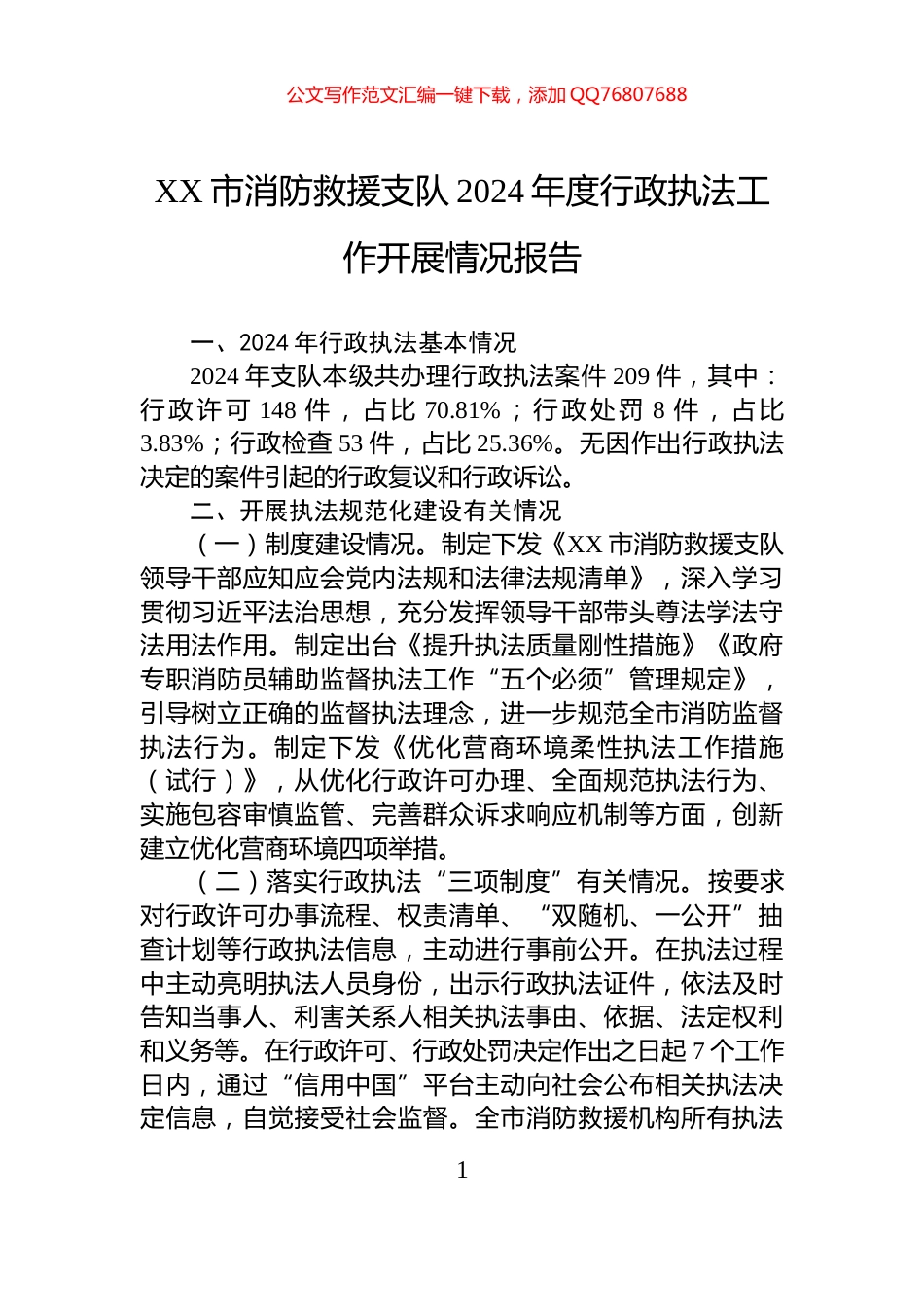 XX市消防救援支队2024年度行政执法工作开展情况报告_第1页