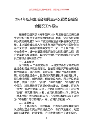 2024年组织生活会和民主评议党员会后综合情况工作报告